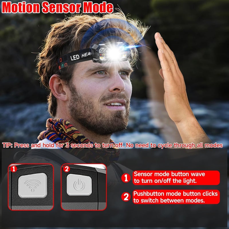 Northlet Headlamp Rechargeable 2Pack, 3000 Lumen Ultra-Light Bright Headlamp Flashlight with White Red Light, LED Headlight Motion Sensor, 5+5 Mode for Outdoor Camping Fishing Running Hiking - Image 4